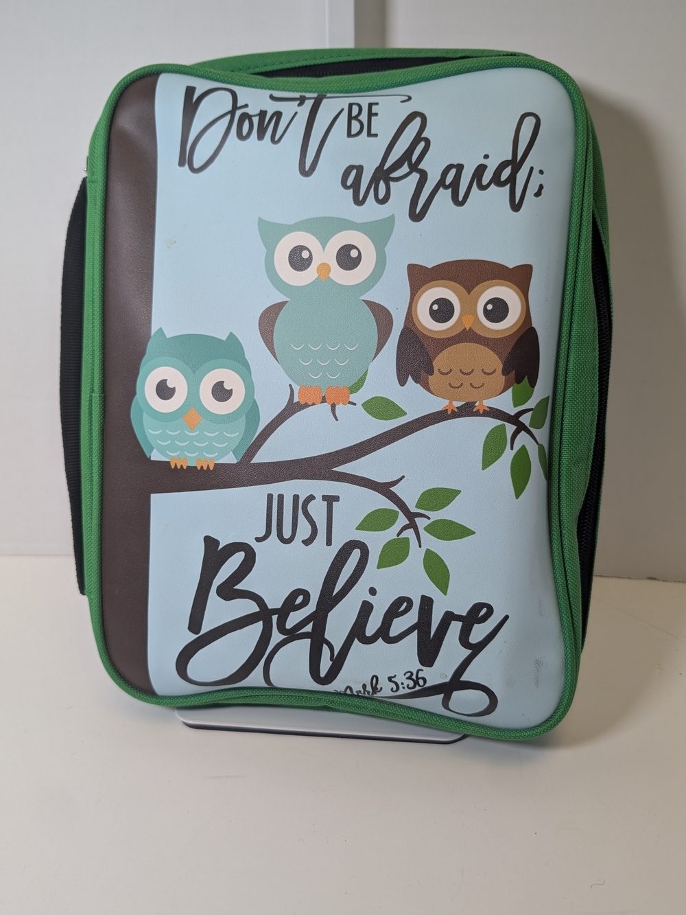 Just Believe Owl Bible carrying case. Green & Light Blue With Bible.